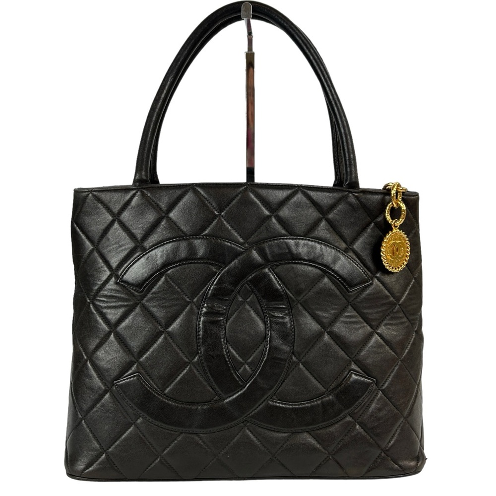CHANEL Quilted Large Logo Black Calfskin Gold Medallion Tote
